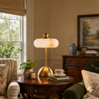 Disc-Shaped Alabaster and Glass LED Table Lamp for Bedrooms