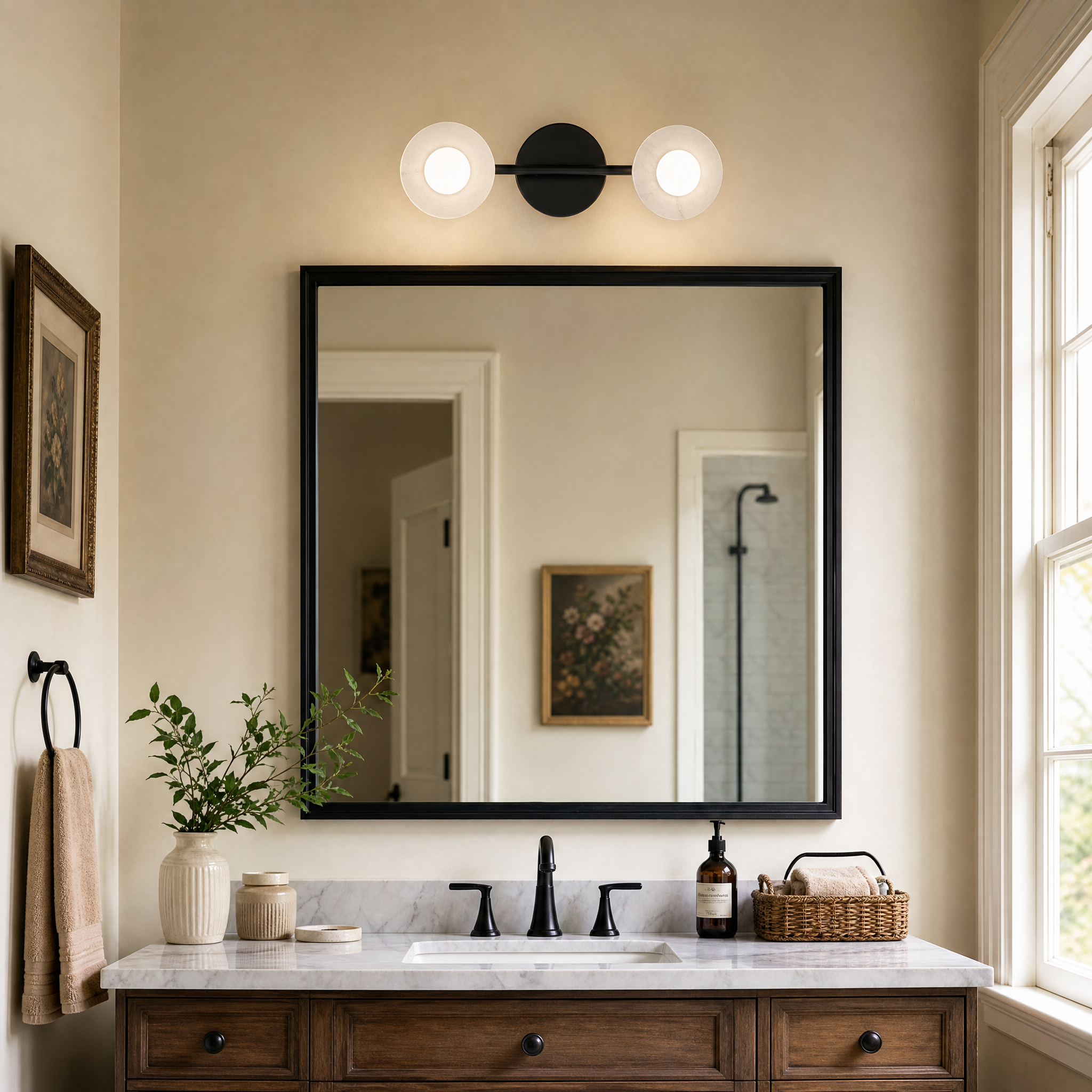 Horizontal Circular Disc Alabaster Vanity Wall Light for Bathrooms