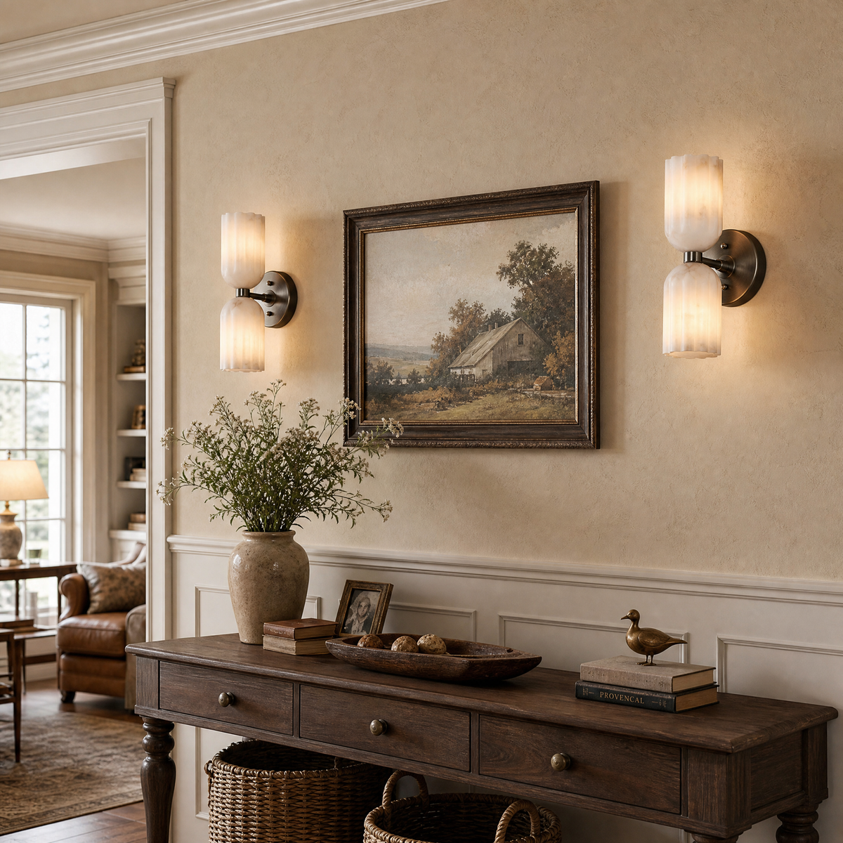 Fluted Stone Dual-Shade Alabaster Wall Light for Bedroom and Hallway