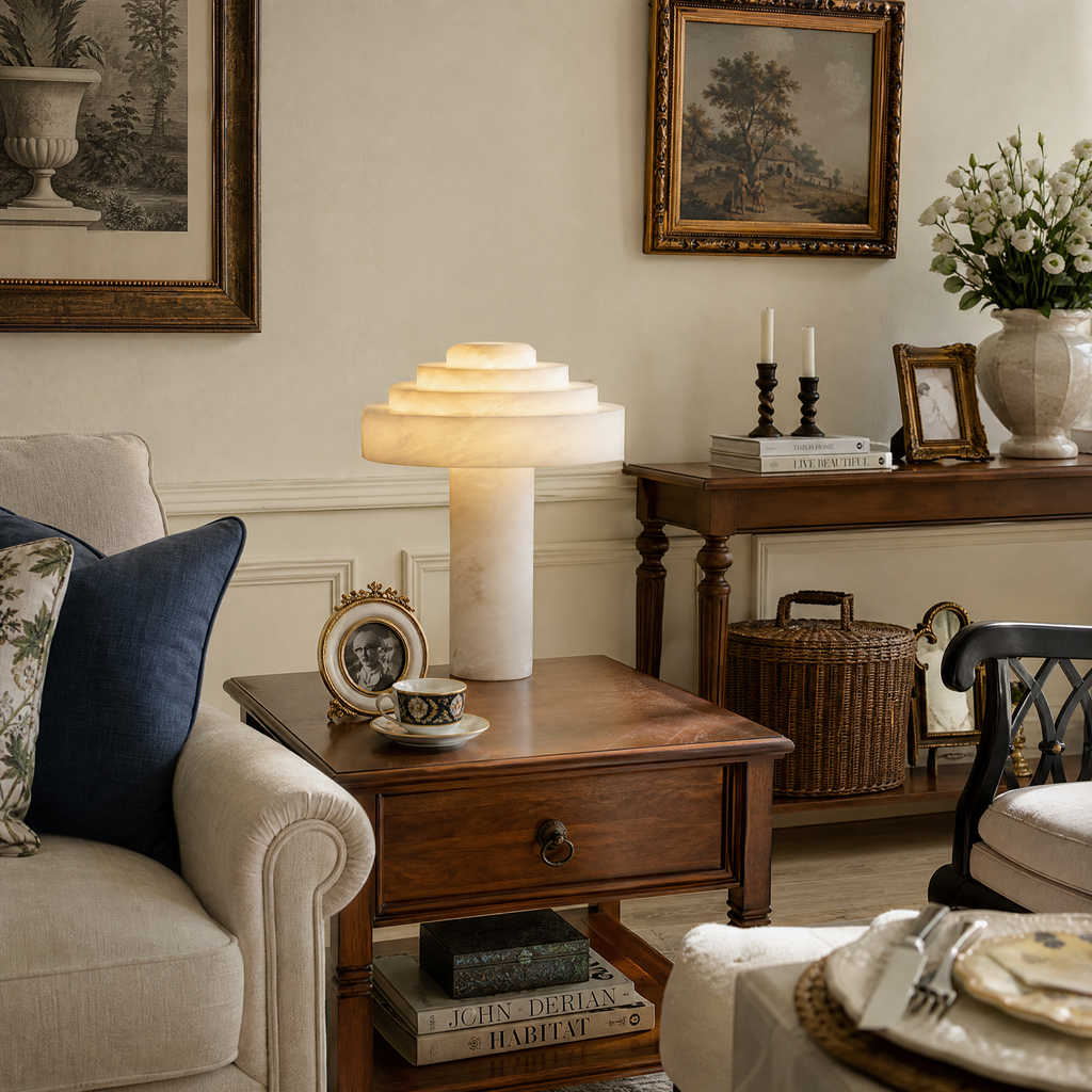 Tiered Disc White Stone Alabaster Table Lamp for Modern Bedrooms