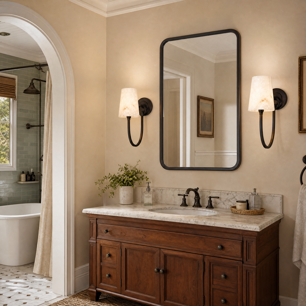 Curved Swan Arm Tapered Alabaster Sconce for Bedrooms