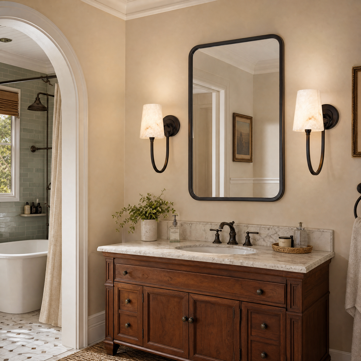 Curved Swan Arm Tapered Alabaster Sconce for Bedrooms