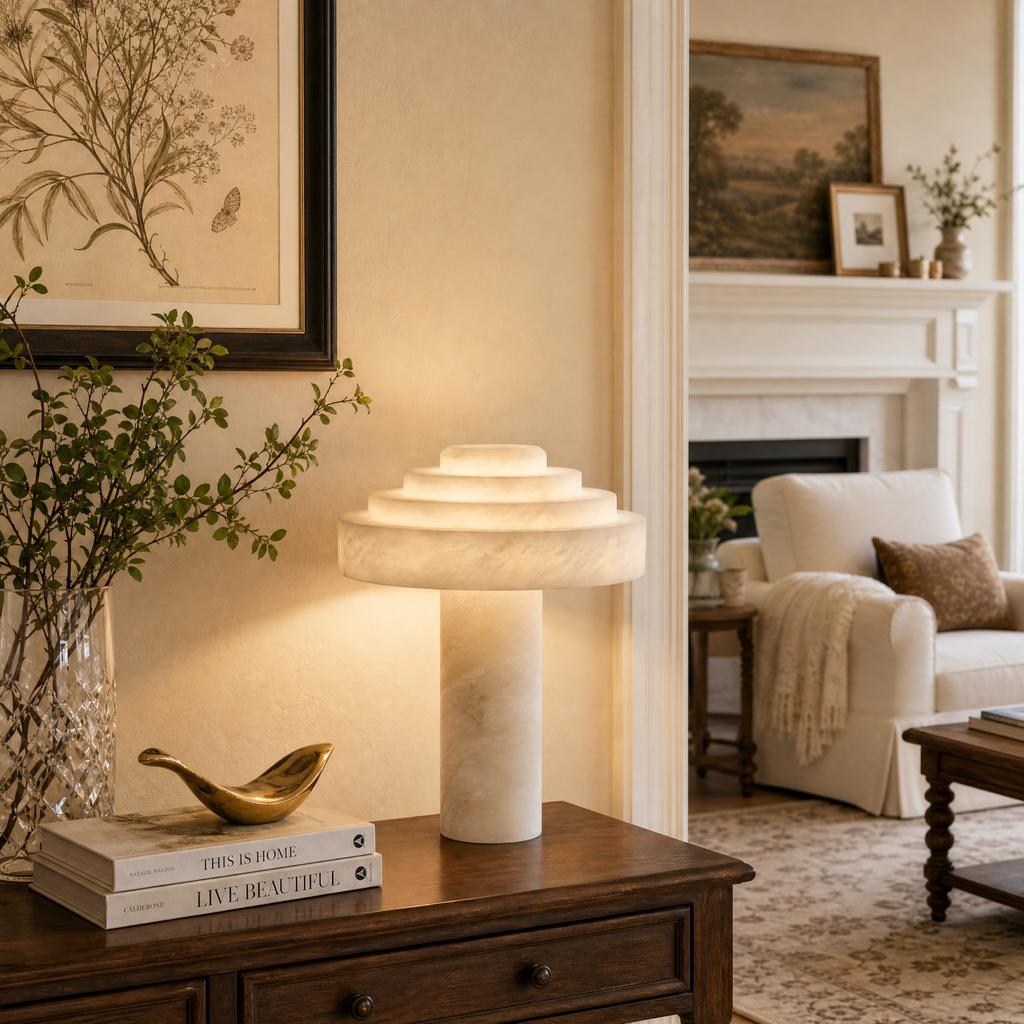 Tiered Disc White Stone Alabaster Table Lamp for Modern Bedrooms