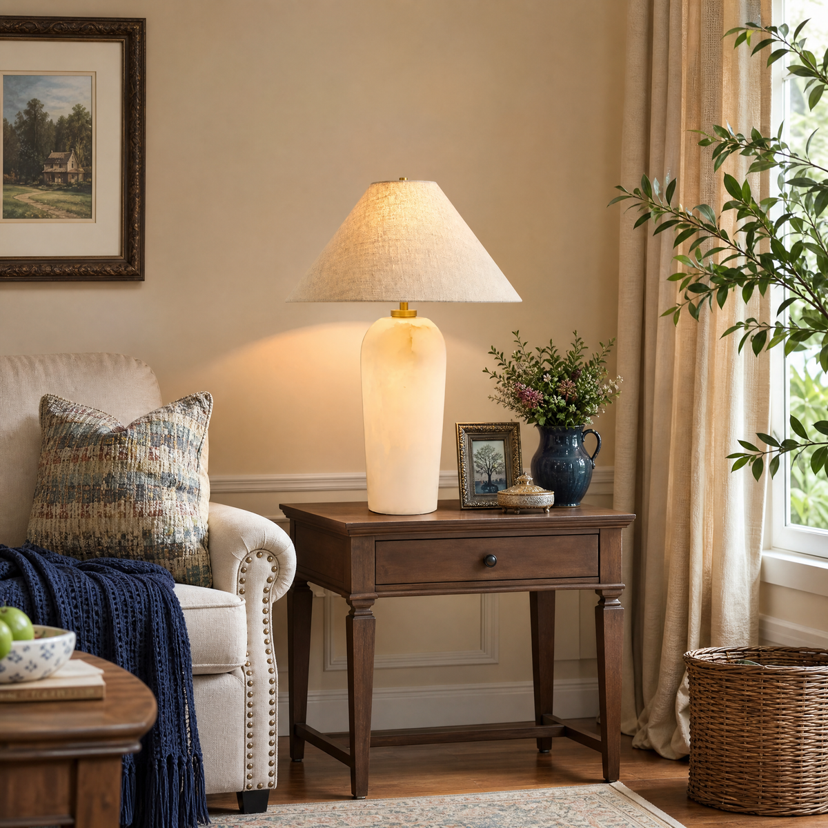 Natural Alabaster Table Lamp with Beige Linen Shade for Bedrooms
