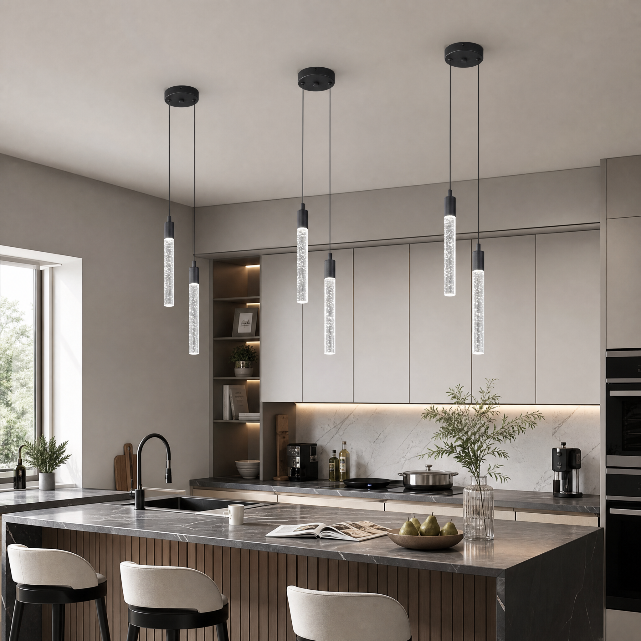 Modern Cylinder Bubble Linear Hanging Crystal LED Pendant Light