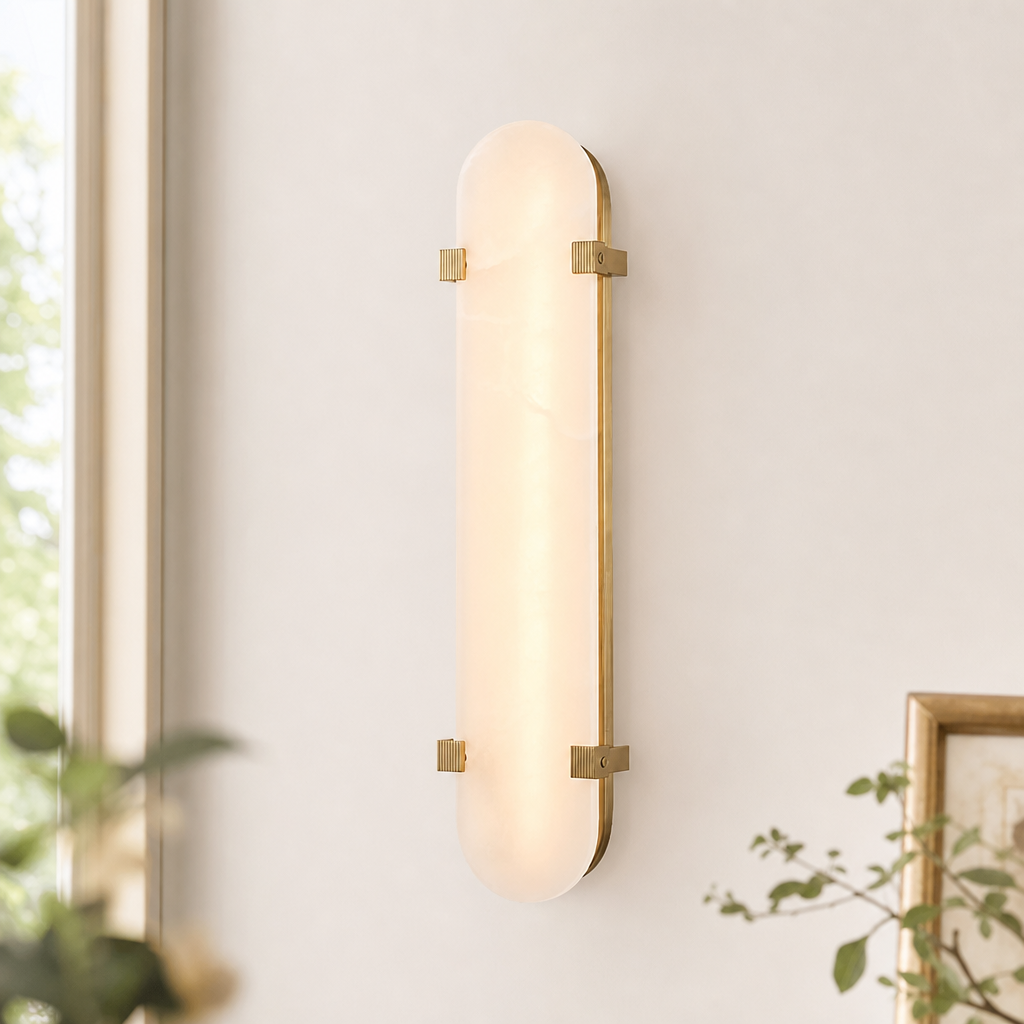Modern Oval Alabaster LED Wall Sconce with Brass Base for Bedrooms