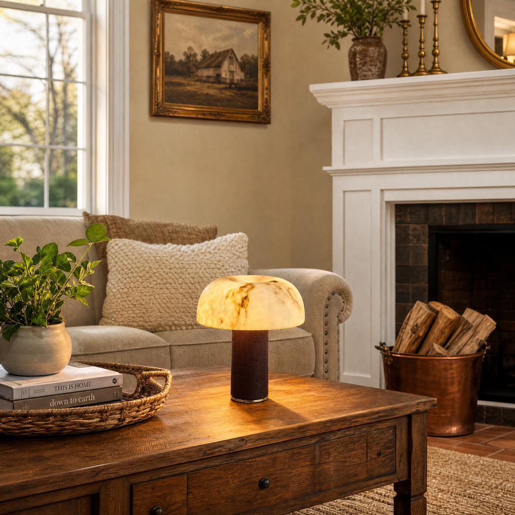 Mushroom-Shaped Sculptural Alabaster LED Table Lamp for Bedroom