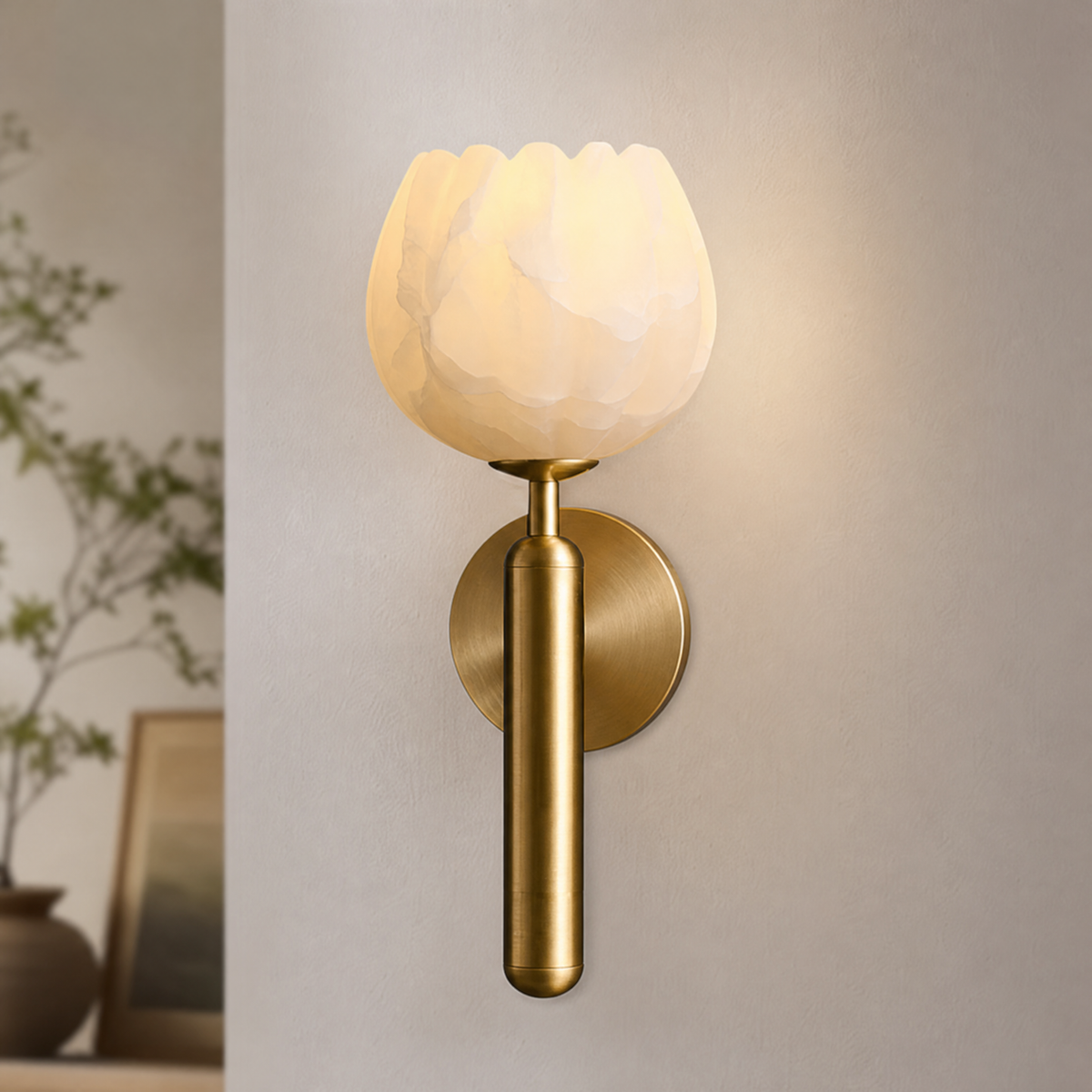 Modern Tulip-Shaped Stone Alabaster Wall Light for Bedrooms