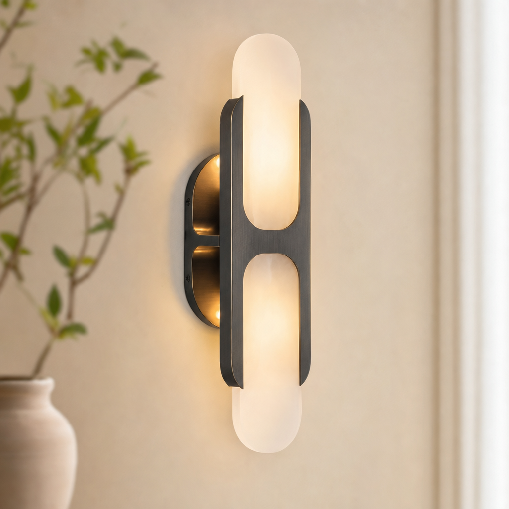 Sculptural Oval Alabaster Wall Sconce with H-Shaped Bracket