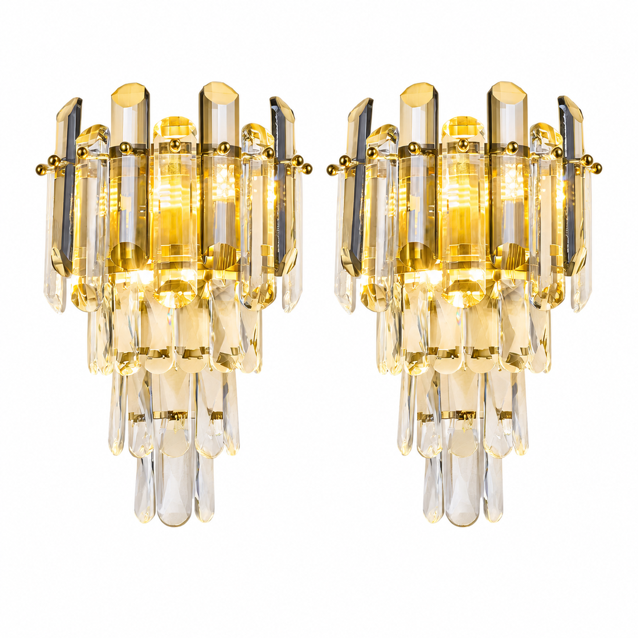 Contemporary Luxury Multi-Layer Prism Crystal Gold Wall Sconce Set of Two