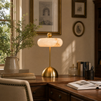 Disc-Shaped Alabaster and Glass LED Table Lamp for Bedrooms