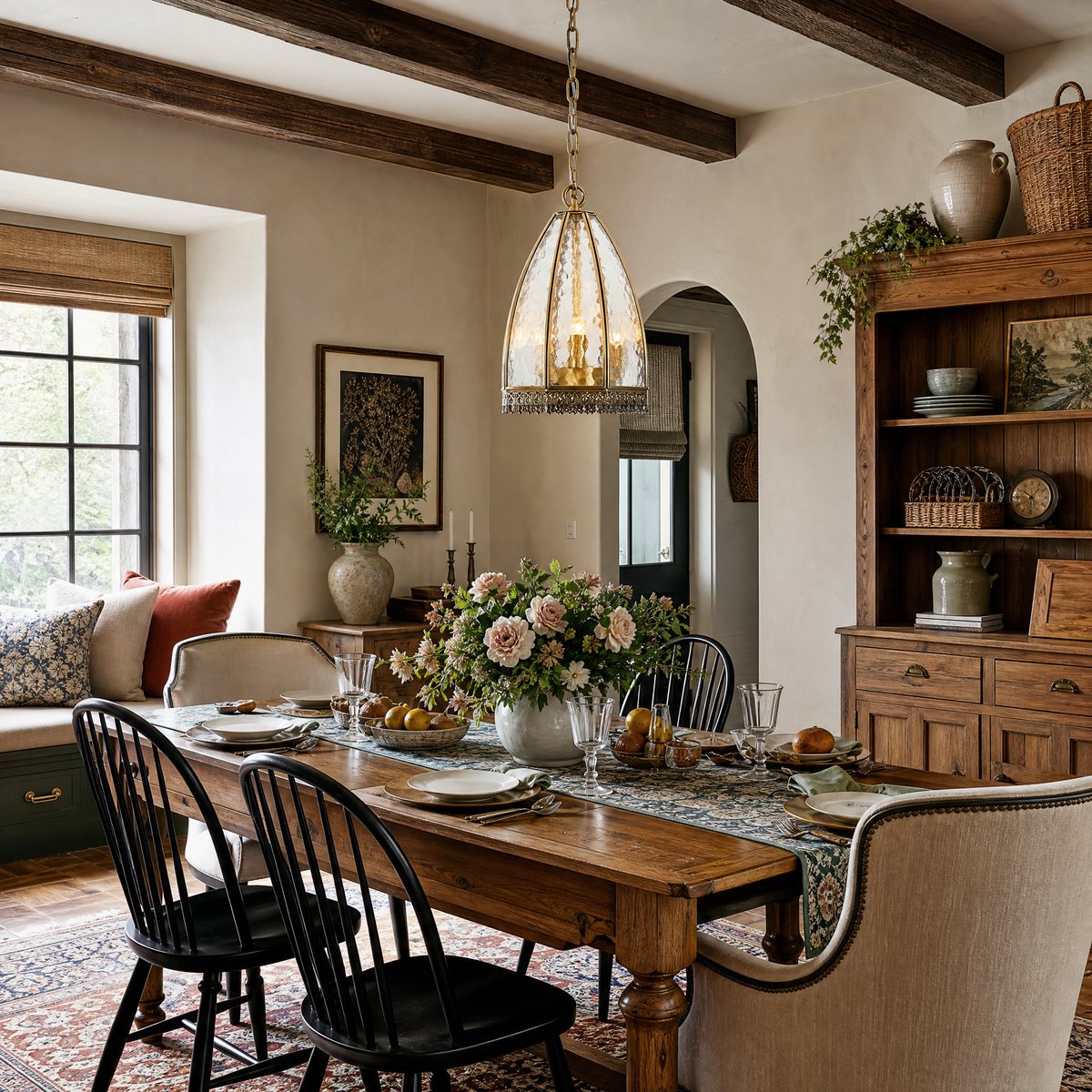Farmhouse Brass Pendant Light with Hammered Glass
