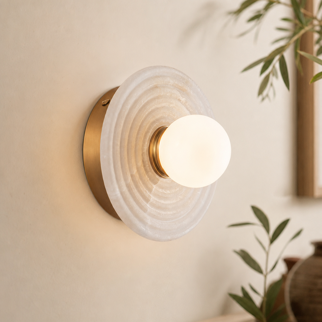 Ribbed Round Disc Sculptural Alabaster LED Wall Sconce for Hallway