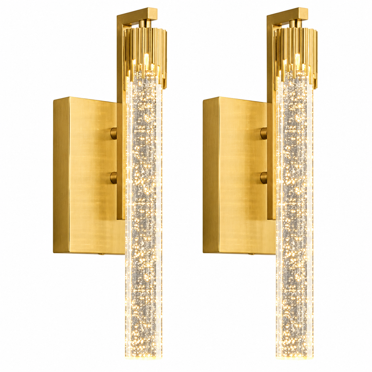 Luxury Long Tube Seeded Bubble Glass Gold Wall Sconce Set of Two