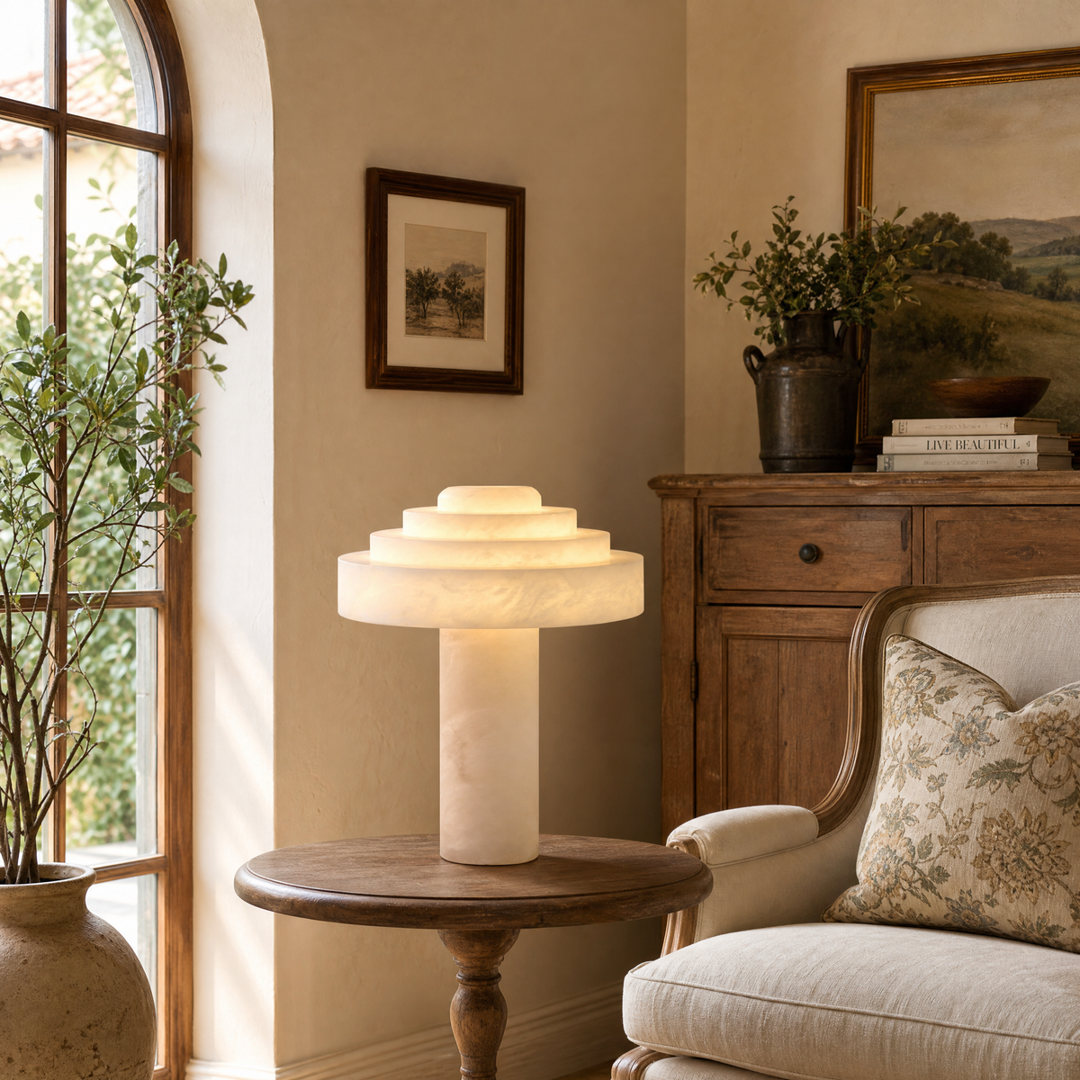 Tiered Disc White Stone Alabaster Table Lamp for Modern Bedrooms