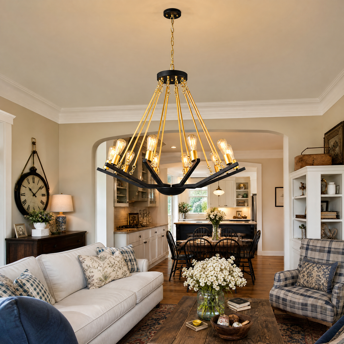 Industrial Two-Tone Frame Geometric BlackGold Wagon Wheel Chandelier