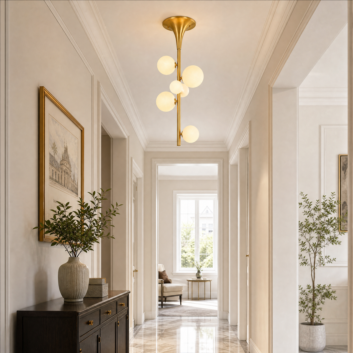 Milky White Glass Globe Trumpet Shape Semi Flush Mount Ceiling Light