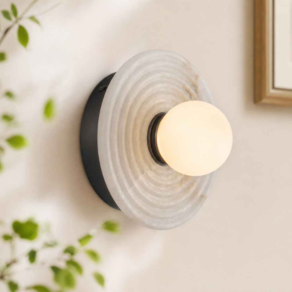 Ribbed Round Disc Sculptural Alabaster LED Wall Sconce for Hallway