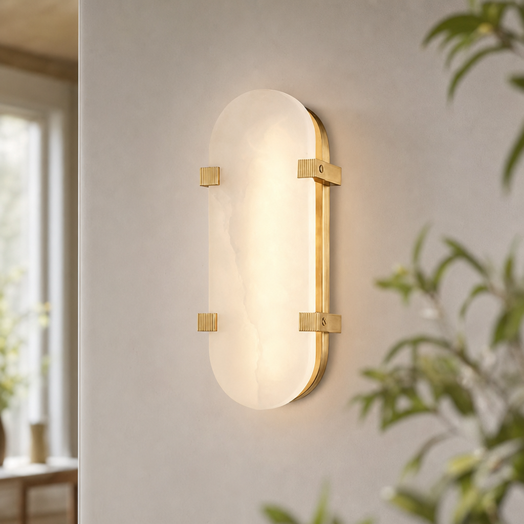Modern Oval Alabaster LED Wall Sconce with Brass Base for Bedrooms