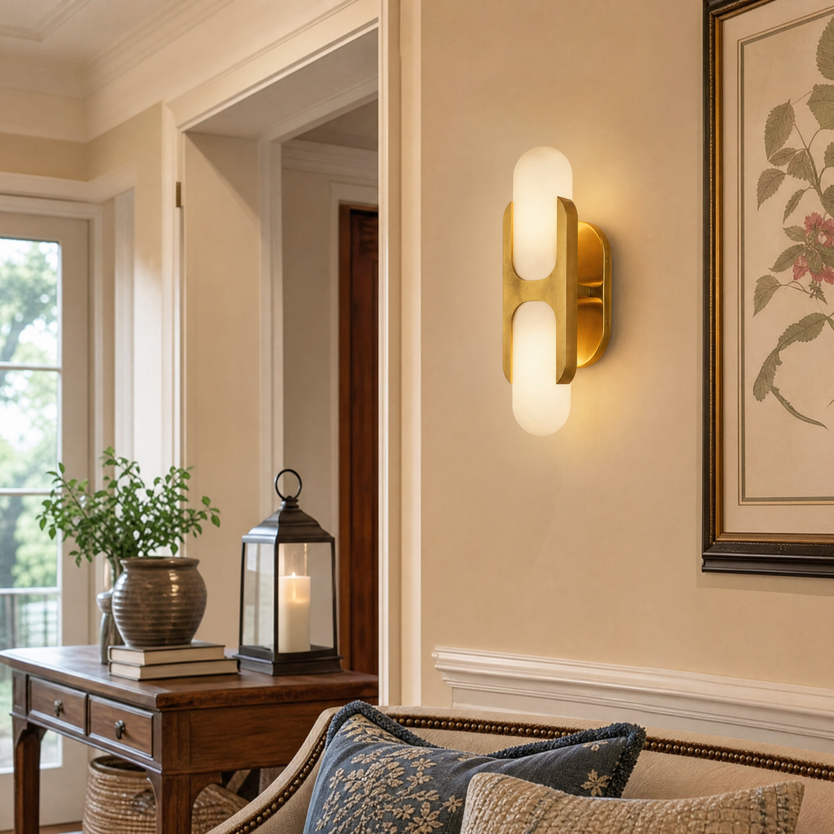 Sculptural Oval Alabaster Wall Sconce with H-Shaped Bracket