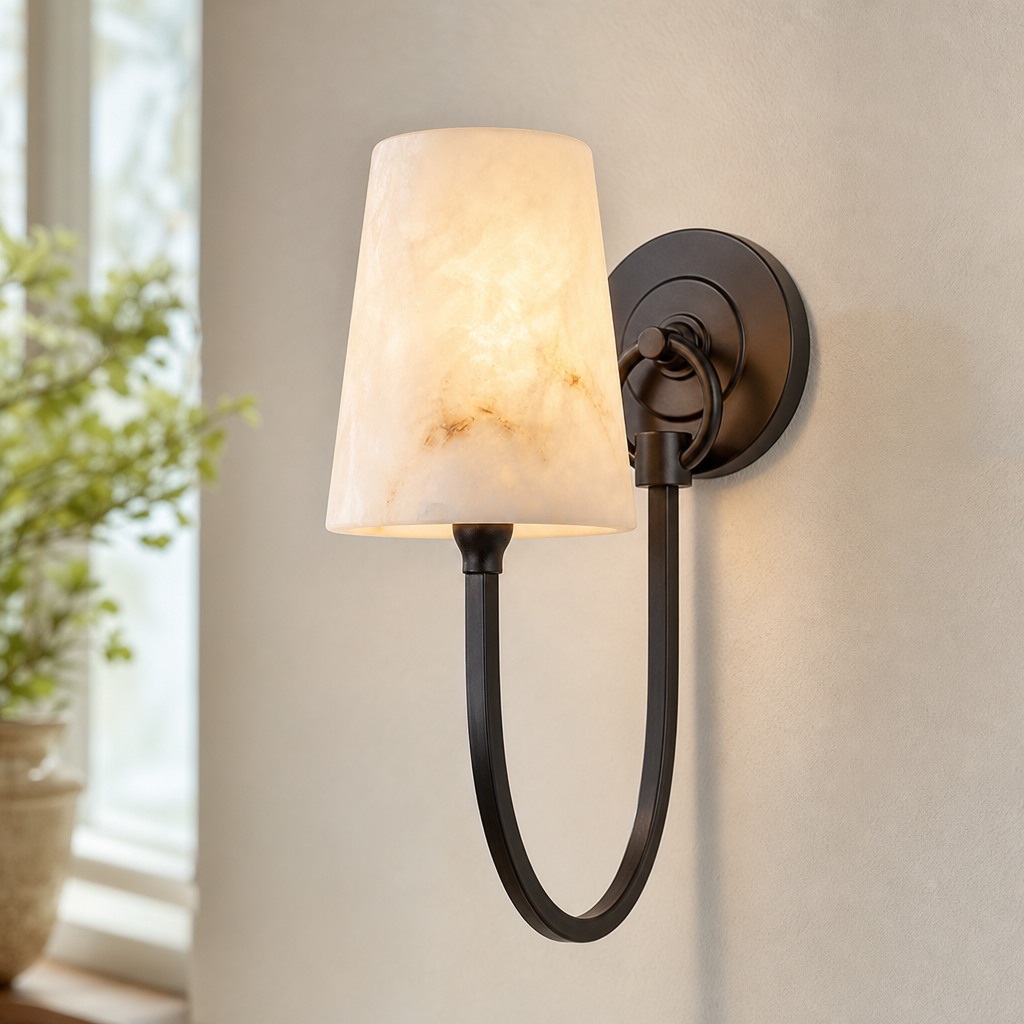 Curved Swan Arm Tapered Alabaster Sconce for Bedrooms