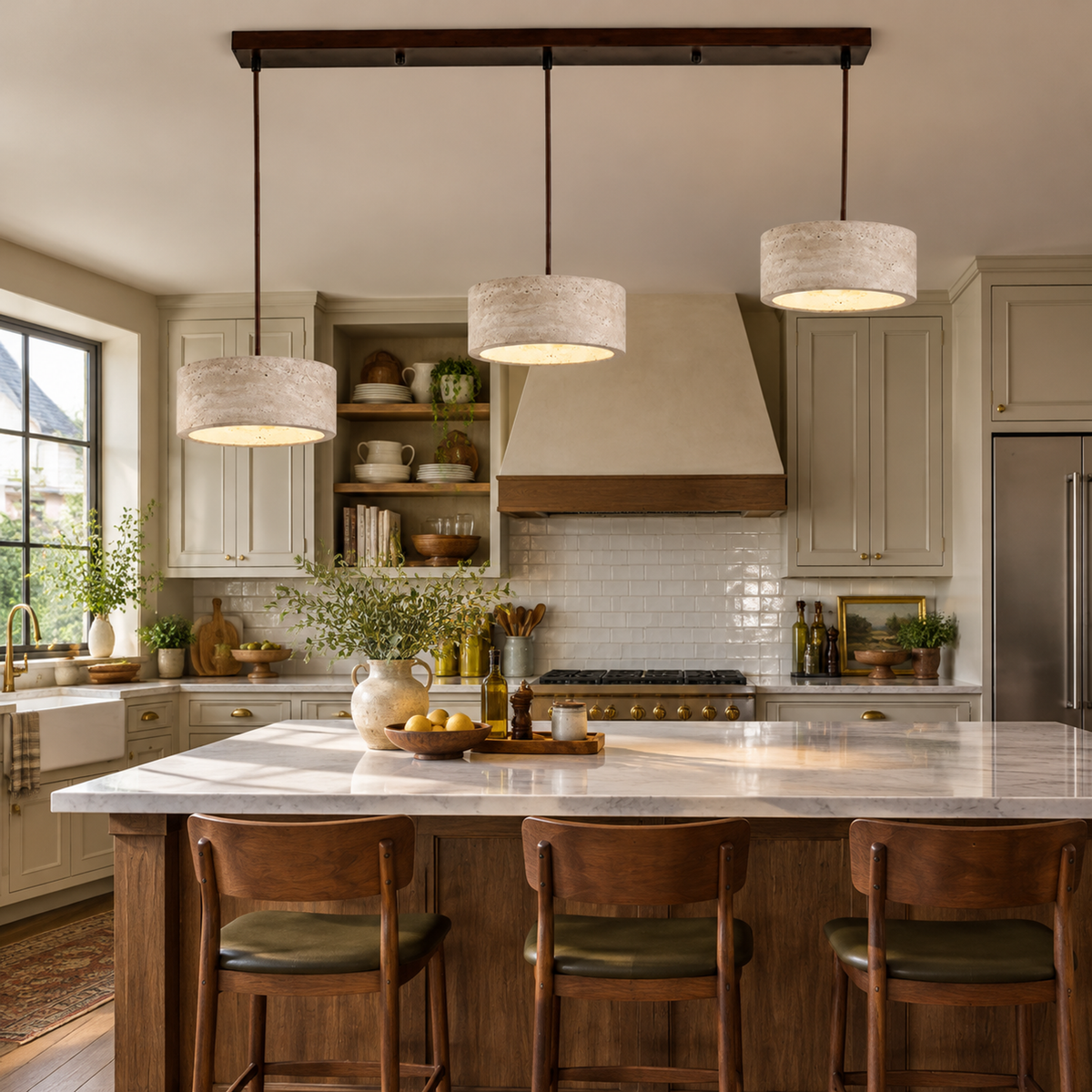 Modern Cylindrical & Drum Travertine LED Pendant Light
