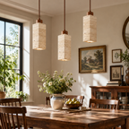 Modern Rectangular & Cylinder Travertine Wood Pendant Light