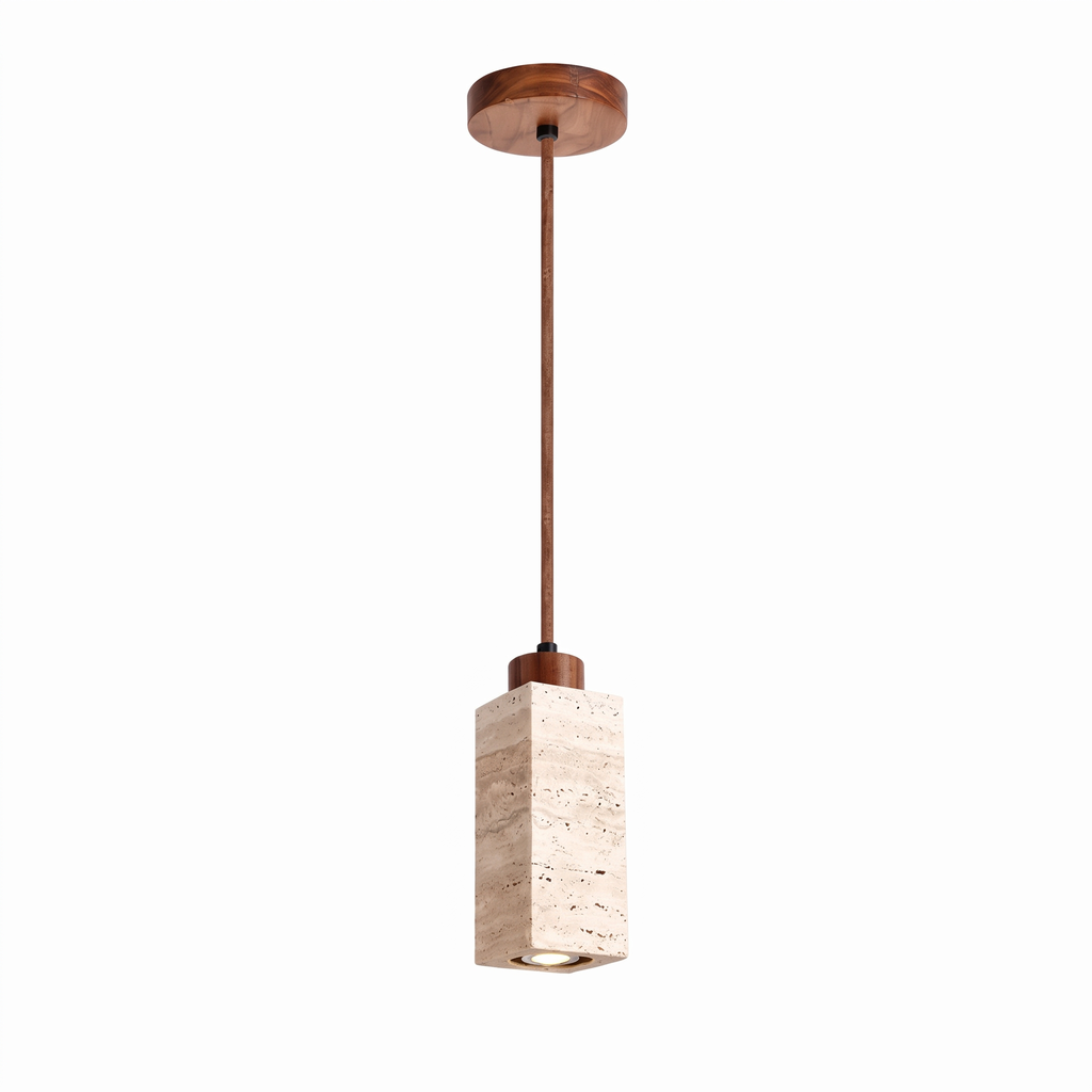 Modern Rectangular & Cylinder Travertine Wood Pendant Light