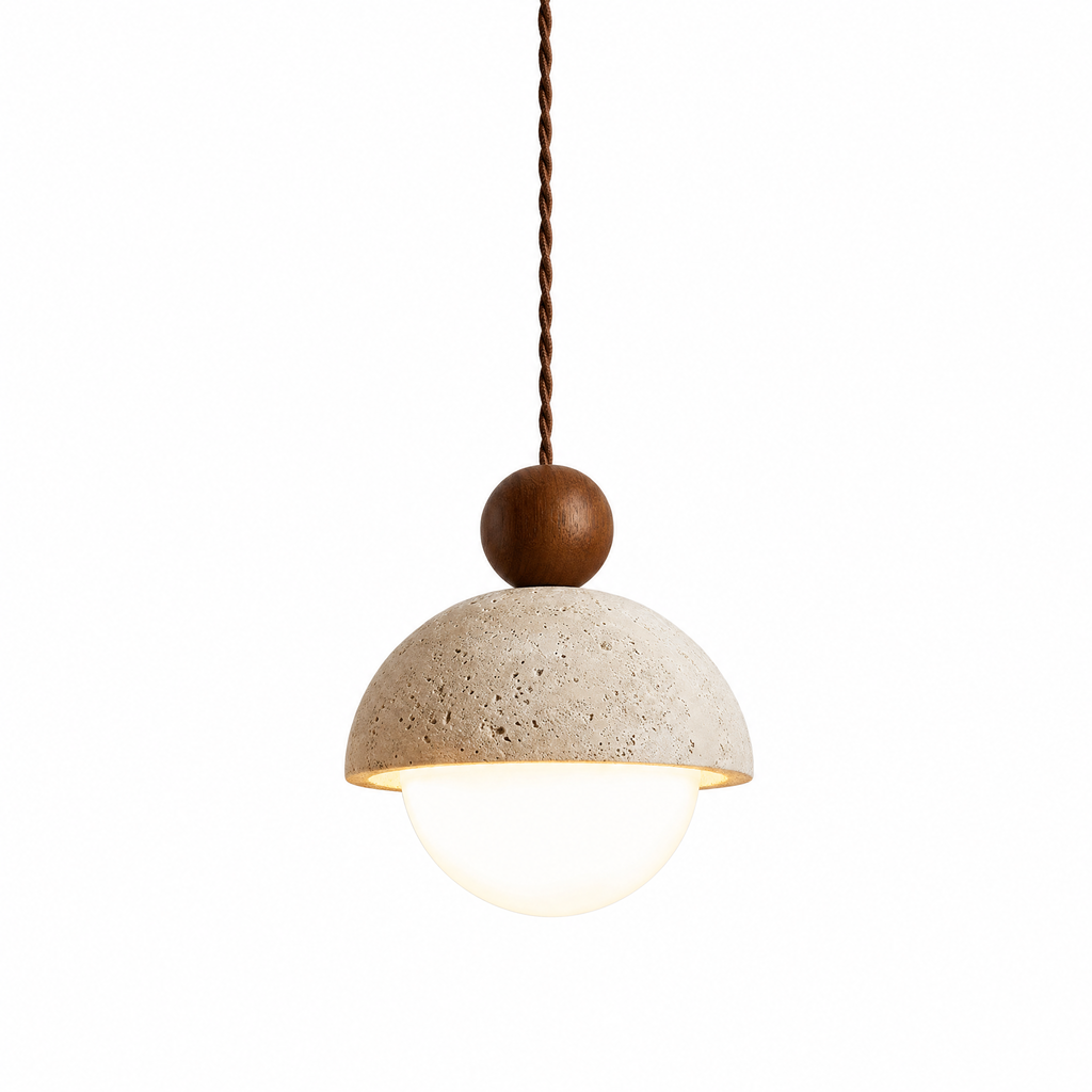 Modern Dome Travertine Wood Pendant Light