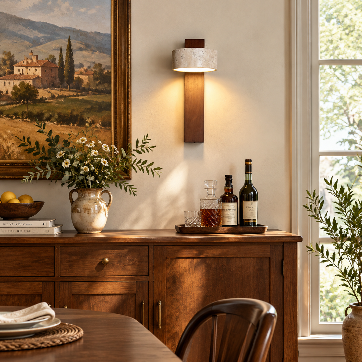 Modern Cylinder Travertine Wood LED Wall Sconce