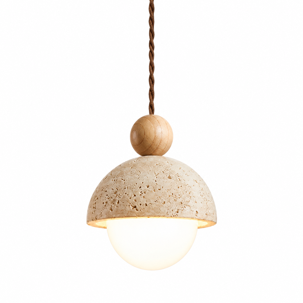 Modern Dome Travertine Wood Pendant Light