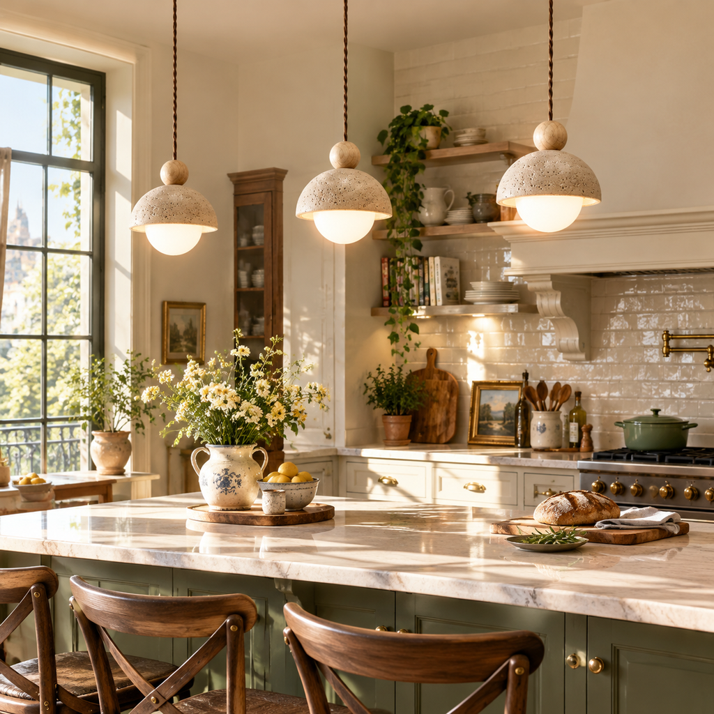 Modern Dome Travertine Wood Pendant Light