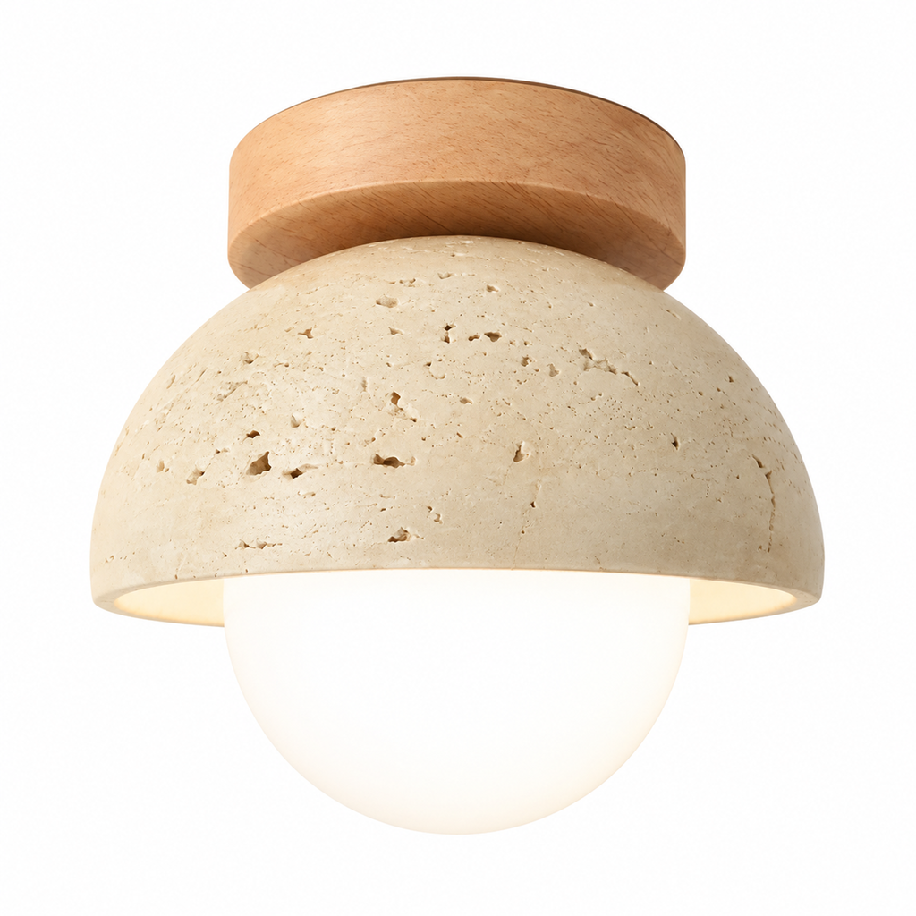 Modern Dome Travertine Wood Flush Mount Ceiling Light